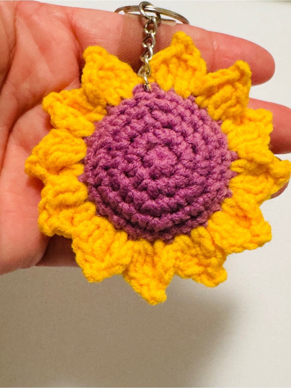 Handmade Yellow Sunflower Keychain with Purple Center - Picture 6 of 7